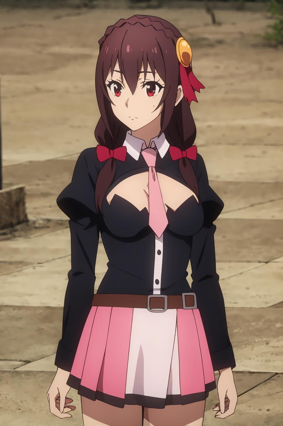 ((best quality)),((highly detailed)),masterpiece,absurdres,detailed face,beautiful face,(detailed eyes, deep eyes),1girl,((dynamic pose))  <lora:YunYunV1:0.8>Yunyun, solo, red eyes, necktie, breasts, brown hair, braid, pink necktie, skirt, belt, bow, long hair, long sleeves, pink skirt, hair bow, crown braid, hair ornament, outdoors, bangs, large breasts, necktie between breasts, puffy sleeves, hair between eyes, clothing cutout, cleavage cutout, shirt, red bow, medium breasts, looking away, looking to the side, closed mouth, twintails, day, black shirt, between breasts, ribbon, juliet sleeves, cowboy shot, blush, miniskirt, low twintails, standing, pleated skirt, brown belt, sidelocks, hair ribbon, cleavage, jacket, dress, frown, wing collar