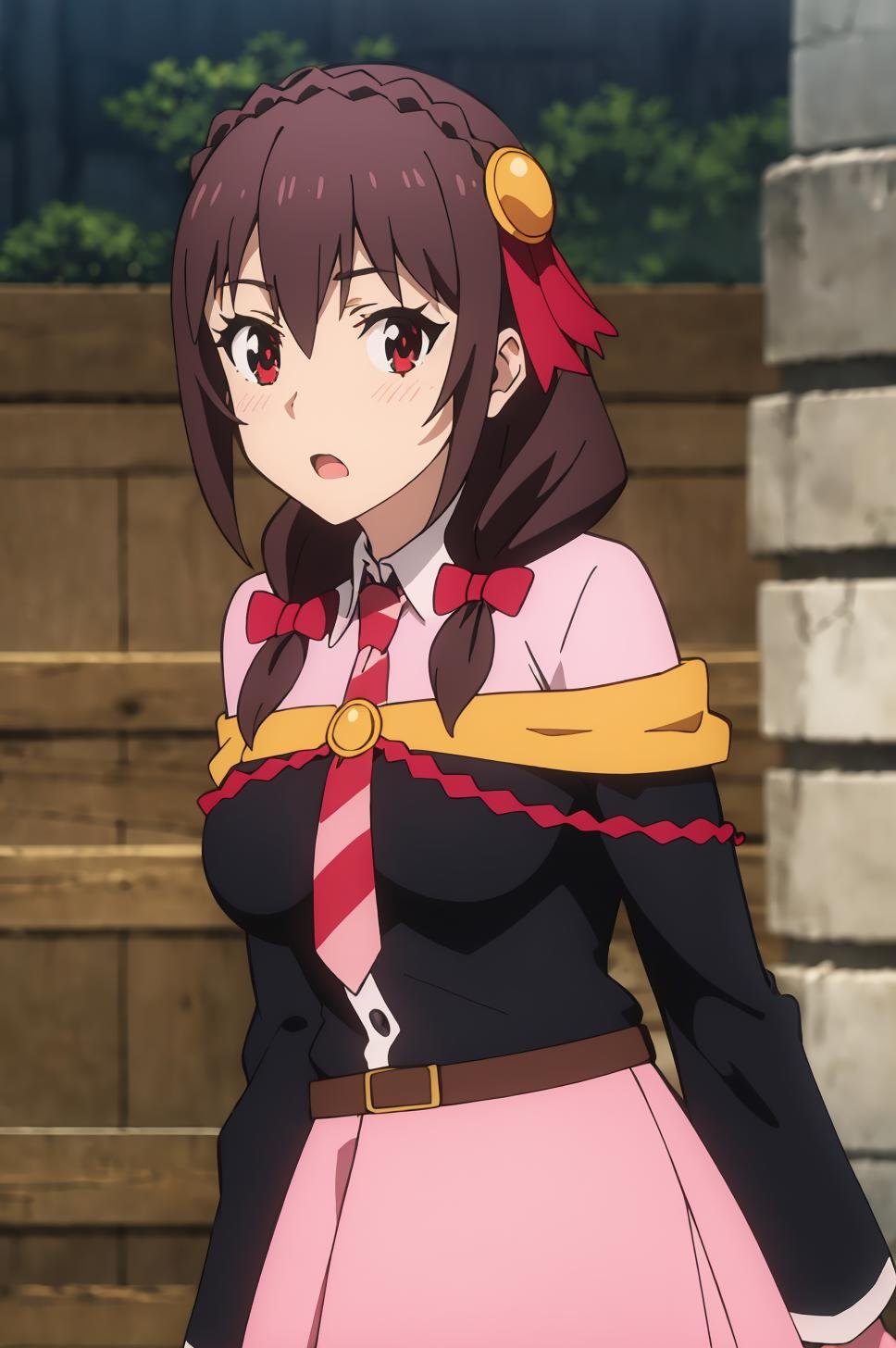((best quality)),((highly detailed)),masterpiece,absurdres,detailed face,beautiful face,(detailed eyes, deep eyes),1girl,((dynamic pose))  <lora:YunYunV1:0.8>Yunyun, brown hair, necktie, red eyes, solo, braid, open mouth, pantyhose, looking at viewer, crown braid, hair ornament, bow, hair bow, dress, twintails, long hair, belt, pink skirt, breasts, bangs, outdoors, blush, long sleeves, skirt, off shoulder, ribbon, shirt, low twintails, medium hair, red bow, bare shoulders, cowboy shot, striped, standing