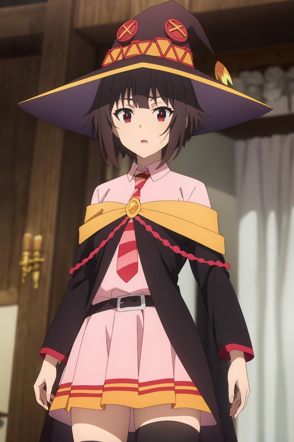 ((best quality)),((highly detailed)),masterpiece,absurdres,detailed face,beautiful face,(detailed eyes, deep eyes),1girl,((dynamic pose))   <lora:MeguminV1:0.8>Megumin, brown hair, hat, witch hat, necktie, red eyes, solo, short hair, belt, dress, indoors, cosplay, pink dress, bangs, cape, black headwear, looking at viewer, open mouth, striped, blurry, cowboy shot, long sleeves, red necktie, parted lips, standing, pink skirt, blurry background, thighhighs, striped necktie, book, short dress, short hair with long locks, black belt, shirt, black thighhighs, skirt, black cape