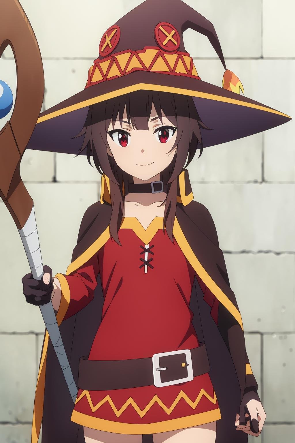 ((best quality)),((highly detailed)),masterpiece,absurdres,detailed face,beautiful face,(detailed eyes, deep eyes),1girl,((dynamic pose))   <lora:MeguminV1:0.8> Megumin, brown hair, hat, witch hat, fingerless gloves, solo, gloves, cape, red eyes, dress, smile, belt, staff, short hair with long locks, short hair, looking at viewer, collar, red dress, black thighhighs, black gloves, thighhighs, holding, bandages, single thighhigh, bandaged leg, holding staff, brick wall, choker, asymmetrical legwear, long sleeves, black belt, cowboy shot, short dress
