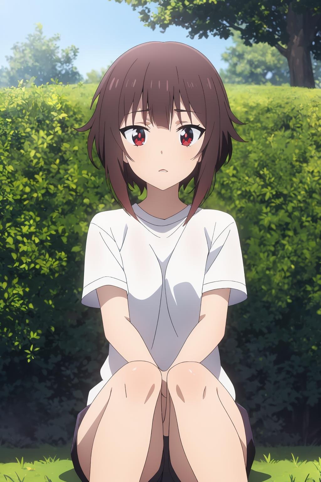 ((best quality)),((highly detailed)),masterpiece,absurdres,detailed face,beautiful face,(detailed eyes, deep eyes),1girl,((dynamic pose))   <lora:MeguminV1:0.8>Megumin, red eyes, brown hair, solo, short hair, sitting, shirt, white shirt, outdoors, grass, tree, bangs, short hair with long locks, parted lips, open mouth
