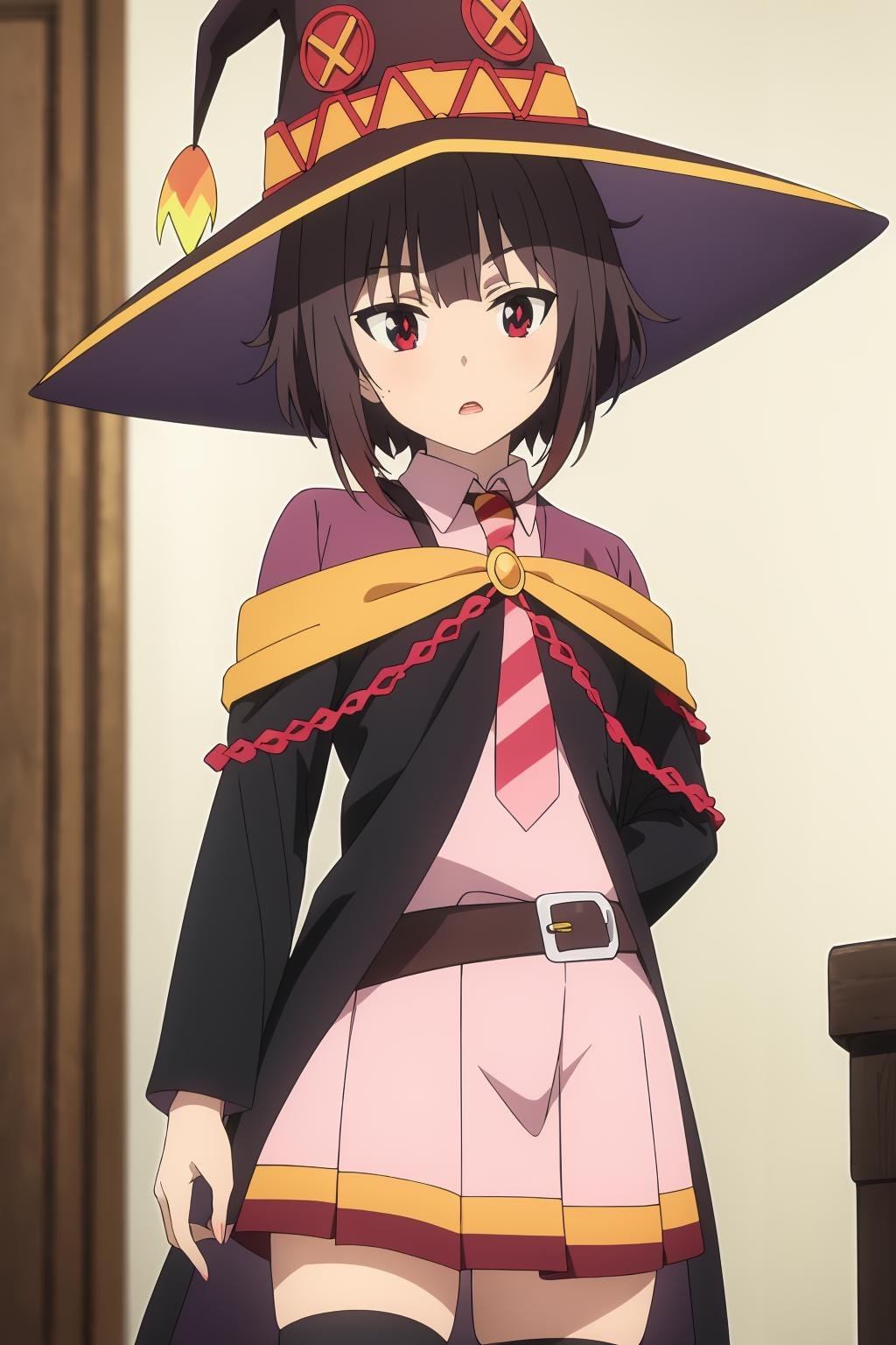 ((best quality)),((highly detailed)),masterpiece,absurdres,detailed face,beautiful face,(detailed eyes, deep eyes),1girl,((dynamic pose))   <lora:MeguminV1:0.8>Megumin, brown hair, hat, witch hat, necktie, red eyes, solo, short hair, belt, dress, indoors, cosplay, pink dress, bangs, cape, black headwear, looking at viewer, open mouth, striped, blurry, cowboy shot, long sleeves, red necktie, parted lips, standing, pink skirt, blurry background, thighhighs, striped necktie, book, short dress, short hair with long locks, black belt, shirt, black thighhighs, skirt, black cape