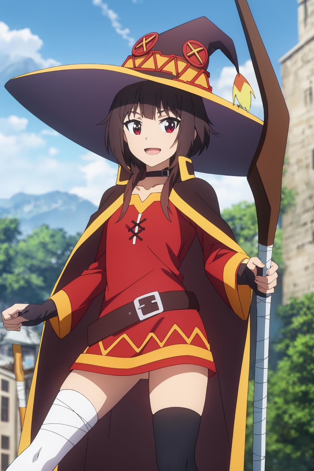 ((best quality)),((highly detailed)),masterpiece,absurdres,detailed face,beautiful face,(detailed eyes, deep eyes),1girl,((dynamic pose))  <lora:MeguminV1:0.8>Megumin, brown hair, hat, witch hat, solo, thighhighs, staff, gloves, fingerless gloves, cape, red eyes, dress, black thighhighs, single thighhigh, belt, bandages, short hair with long locks, short hair, bandaged leg, looking at viewer, collar, red dress, black gloves, open mouth, holding, asymmetrical legwear, smile, holding staff, day, sky, choker, outdoors, mismatched legwear, cloud, collarbone, uneven legwear, standing, short dress, blue sky