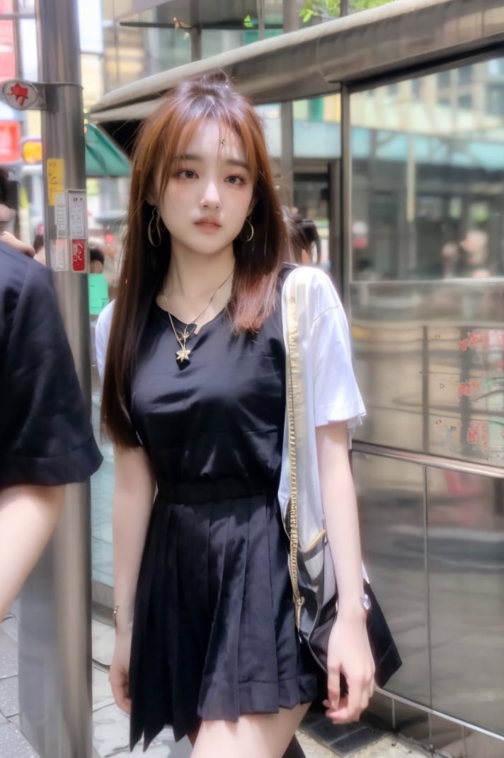 young Taiwanese Girls with long hair, big breasts,(((star necklace))),((large earrings)), , miniskirt ,（walking  in taipei  city with shopping bag ) , perfect breasts,beautiful breasts, (Taipei), (((twuniform))),((blur background)),((no text))
, ((jing))