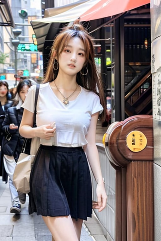 young Taiwanese Girls with long hair, big breasts,(((star necklace))),((large earrings)), , miniskirt ,（walking  in taipei  city with shopping bag ) , perfect breasts,beautiful breasts, (Taipei), ((twuniform)),((blur background)),((no text))
, ((jing)),Jing