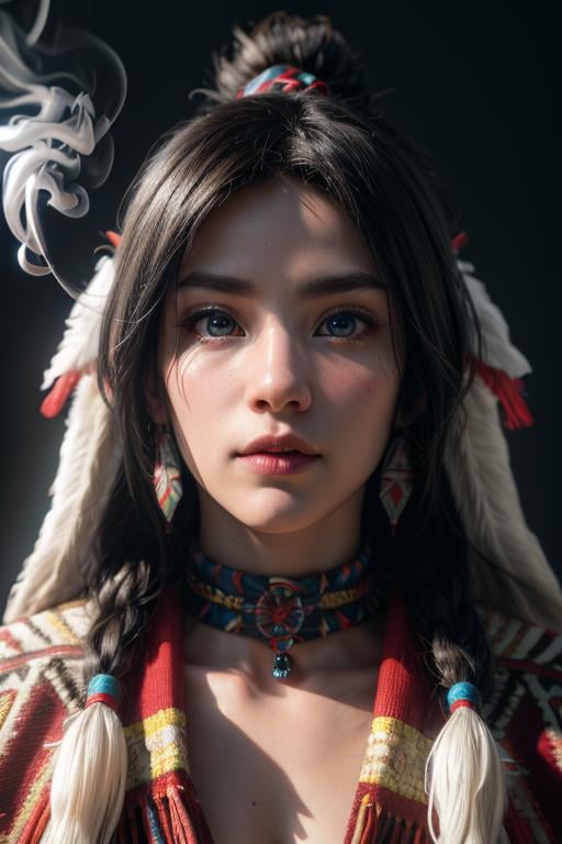 detailed photography, high quality, DSLR, beautiful enchanted magical North-American Native woman as focus, bust shot, majestic pose, wearing traditional clothing, Megapixel, Photo-Realistic, sharp focus, perfect symmetry, sharp focus, insanely detailed and intricate, vibrant colors, cinematic lighting, Octane render, epic scene, 8K, hyperrealism, symmetrical, character design, fog, octane render, hyper detailed, volumetric lighting, hdr, realistic soft skin, shining, vibrant, photorealism, Canon EF 70-200mm f/2.8L IS, morfing into iridescence, (inctricate traditional North-American Native setting in background:0.8), glowing vibrant colors, smoke, art, (North-American Native mythology:1.10), detailed eyes