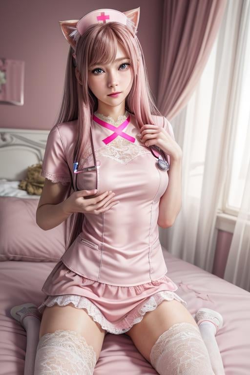 beautiful, young woman, detailed gorgeous face, long hair, pink cat ears, full body, (pink nurse uniform:1.21), (white lace top stockings:1.21), realistic, sparkly blue eyes, small chest, photorealistic, highly detailed, smooth, sharp focus, slim, hyper realistic, Nikon Z9, 8k, (beautiful face, :1.10) nurse,( good hands), detailed eyes