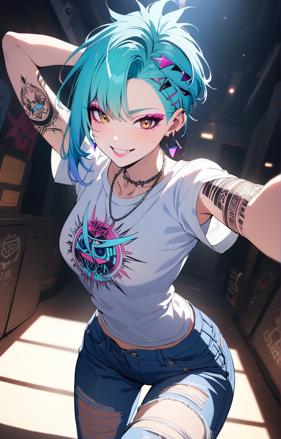 1girl, Holo-Punk Style, aqua hair, arm tattoo, glittery blue hair, brown eyes, earrings, eyelashes, grin, indoors, jewelry, lips, makeup, necklace,  shirt, short hair, short sleeves, smile, solo, t-shirt, tattoo, teeth, denim pants, white shirt, faux hawk, punk aesthetic, arms behind head, cinematic angle, foreshortening, dark, dark background, cinematic lighting, masterpiece, best quality , 