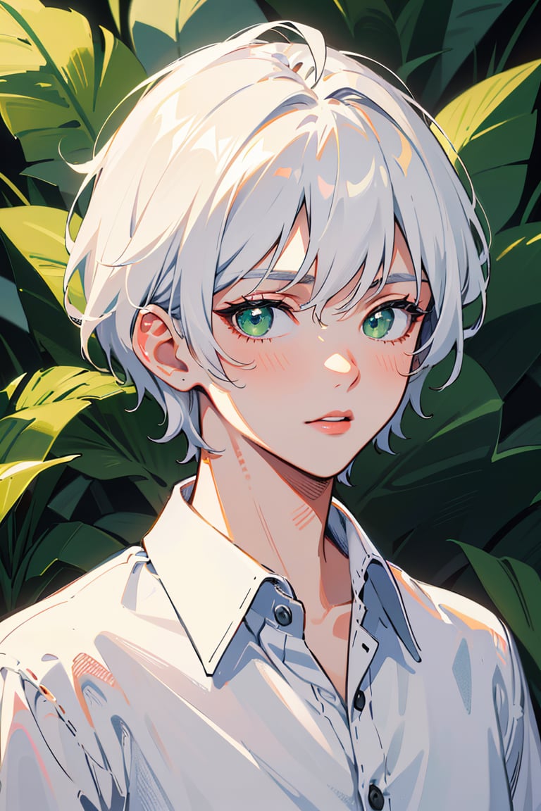(best quality, 4k, 8k, highres, masterpiece:1.5), ultra-detailed,anime, solo,looking at viewer,short hair,shirt,1boy,green eyes,white shirt,upper body,white hair,male focus,collared shirt,portrait