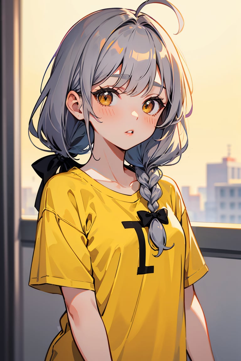 (best quality, 4k, 8k, highres, masterpiece:1.5), ultra-detailed,anime, 1girl,solo,long hair,looking at viewer,blush,bangs,shirt,bow,twintails,brown eyes,very long hair,upper body,braid,ahoge,short sleeves,hair bow,grey hair,parted lips,twin braids,low twintails,t-shirt,yellow shirt,hisakawa nagi