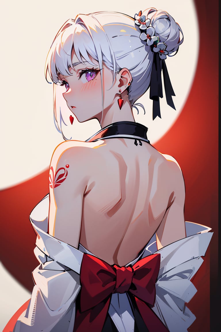 (best quality, 4k, 8k, highres, masterpiece:1.5), ultra-detailed,anime, 1girl,solo,looking at viewer,blush,white background,bare shoulders,jewelry,purple eyes,upper body,white hair,earrings,japanese clothes,looking back,kimono,hair bun,from behind,tattoo,back,back tattoo,back focus