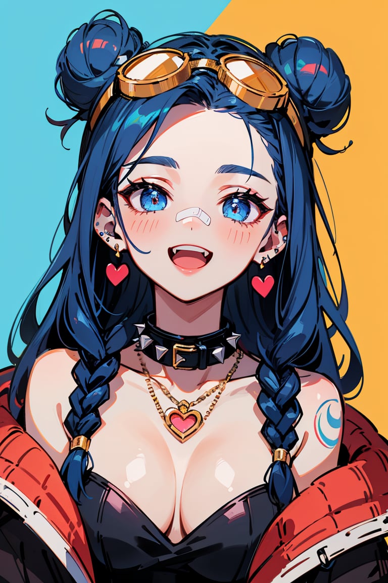 (best quality, 4k, 8k, highres, masterpiece:1.5), ultra-detailed,anime, 1girl,solo,long hair,looking at viewer,blush,smile,blue eyes,jewelry,blue hair,jacket,upper body,braid,:d,heart,multicolored hair,earrings,fang,artist name,necklace,hair bun,twin braids,collar,double bun,tattoo,chain,piercing,goggles,ear piercing,bandaid,spikes,goggles on head,bandaid on face,spiked collar,chain necklace,sticker,jinx (league of legends)