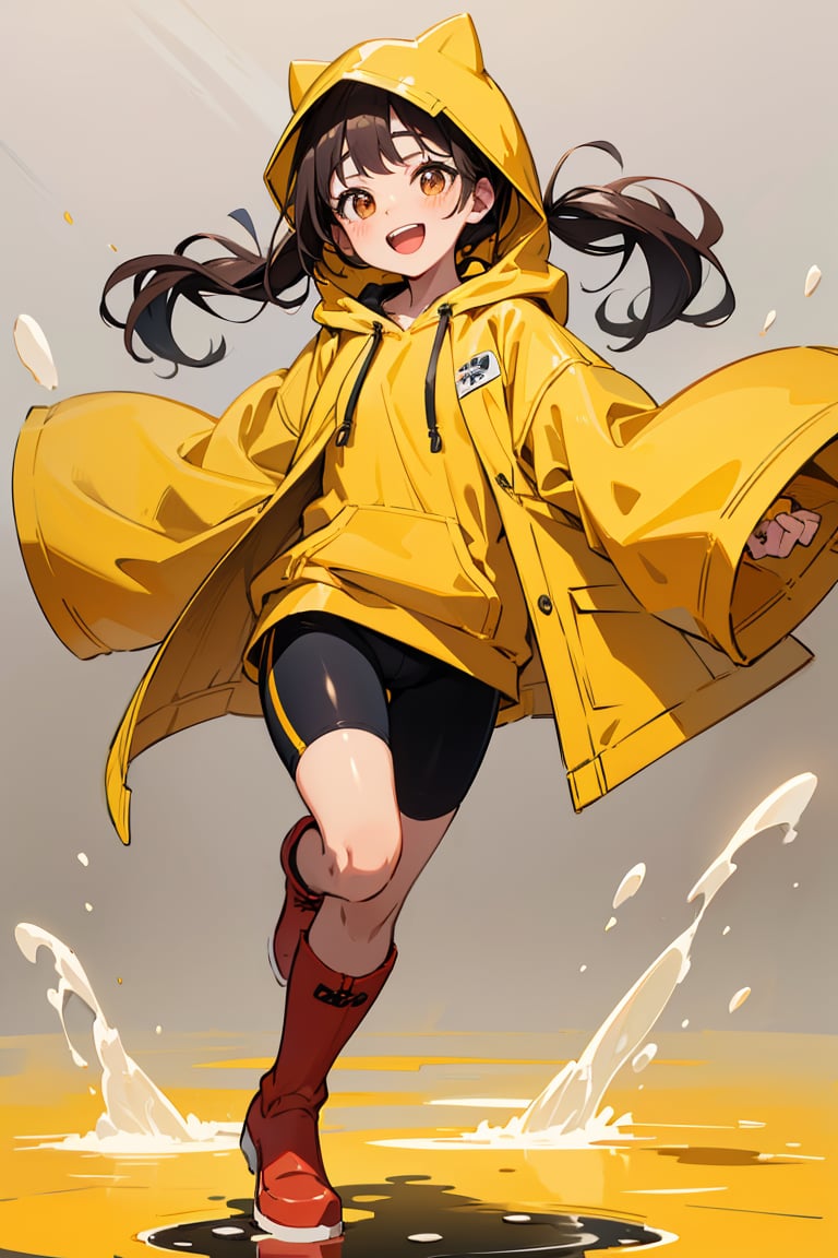 (best quality, 4k, 8k, highres, masterpiece:1.5), ultra-detailed,anime, 1girl,solo,long hair,looking at viewer,blush,smile,brown hair,black hair,long sleeves,white background,twintails,brown eyes,standing,full body,:d,boots,teeth,hood,grey background,water,low twintails,black shorts,standing on one leg,bike shorts,red footwear,hood up,puddle,rubber boots,raincoat,yellow raincoat