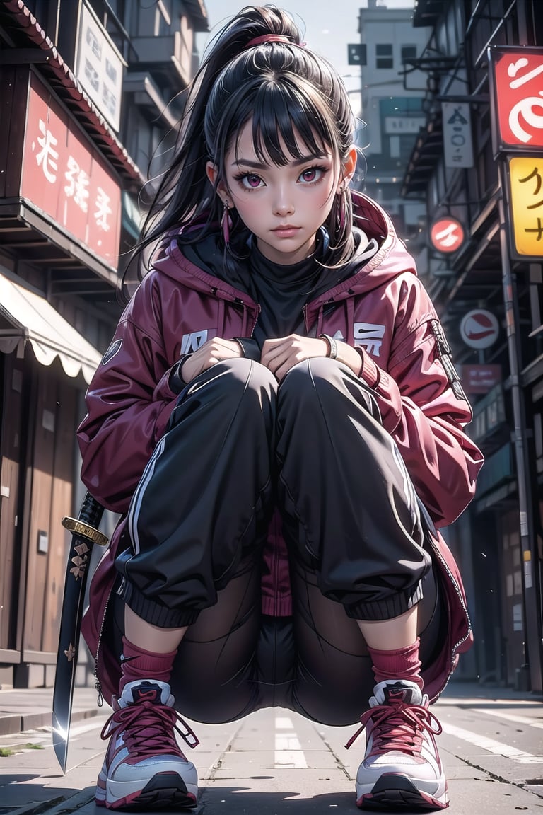Master work, best picture quality, higher quality, ultra-high resolution, 8k resolution, exquisite facial features, perfect face, 1girl, solo, long hair, looking at viewer, bangs, black hair, red eyes, long sleeves, jewelry, sitting, closed mouth, jacket, full body, ponytail, weapon, sidelocks, earrings, shoes, socks, pants, sword, hood, blurry, depth of field, blurry background, black pants, katana, hood down, sheath, sneakers, hooded jacket, reflection, sheathed, nike<lora:EMS-274581-EMS:0.400000>, <lora:EMS-230139-EMS:0.300000>, <lora:EMS-326365-EMS:0.800000>