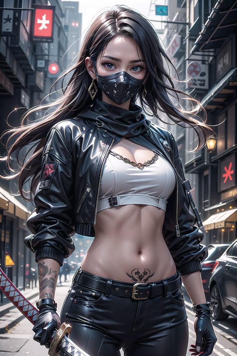 Master work, best picture quality, higher quality, ultra-high resolution, 8k resolution, exquisite facial features, perfect face, 1girl, solo, long hair, breasts, looking at viewer, black hair, gloves, navel, holding, cleavage, jewelry, medium breasts, jacket, weapon, cowboy shot, earrings, midriff, belt, sword, scarf, holding weapon, armor, black eyes, black jacket, crop top, tattoo, mask, piercing, katana, sheath, ear piercing, cropped jacket, sheathed, mouth mask, ninja mask<lora:EMS-230139-EMS:0.300000>, <lora:EMS-326365-EMS:0.800000>, <lora:EMS-274581-EMS:0.400000>