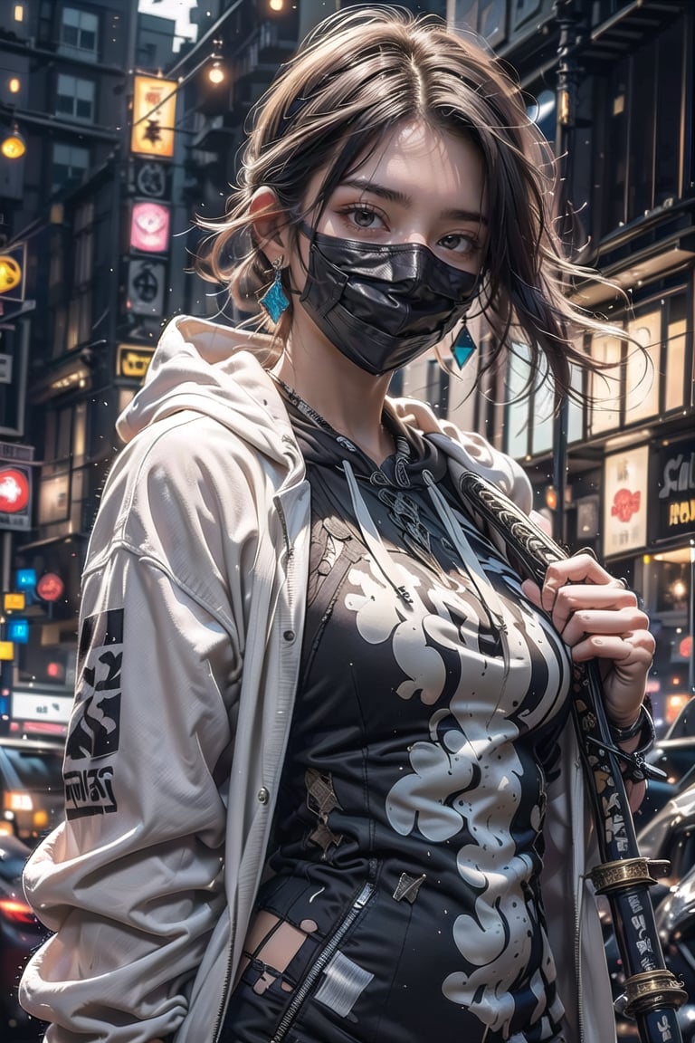 Master work, best picture quality, higher quality, ultra-high resolution, 8k resolution, exquisite facial features, perfect face, girl, assassin, fashion ((upper body clothing, hoodie inside, suit jacket outside)) sneakers, Black mask, cross earrings, carrying a delicate and beautiful samurai sword, night, city, movie style