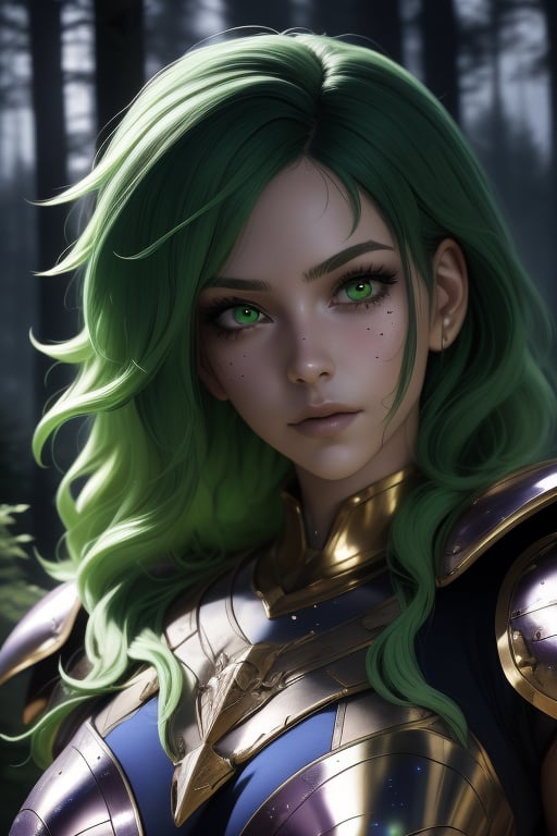 Shaina, a beautiful woman, 22 years old, green hair, green eyes. armor power, purple armor, green elements, fuschia aura. In the background a detailed landscapes. forest,  night sky, stars in the sky. interactive elements, very detailed, ((Detailed face)),  ((Detailed Half body)),  sciamano240, nodf_lora, 1girl, Shaina