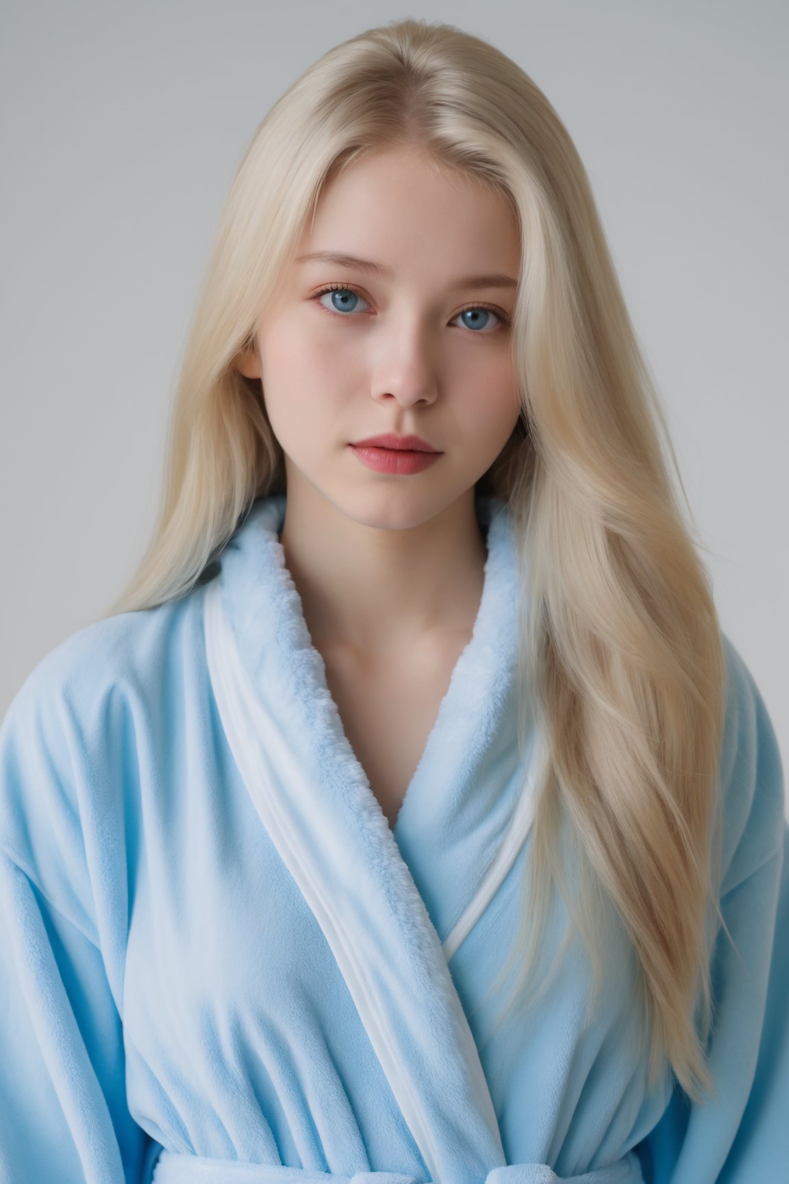 A beautiful woman with blond hair and blue eyes in a bathrobe looks emotionally into the camera. She has star-like looks. She is 14 years old. She has a model-like face and a model-like figure. Snow-white skin, loose and very long hair, Asian Internet celebrity face, and a figure of 1.9 meters.