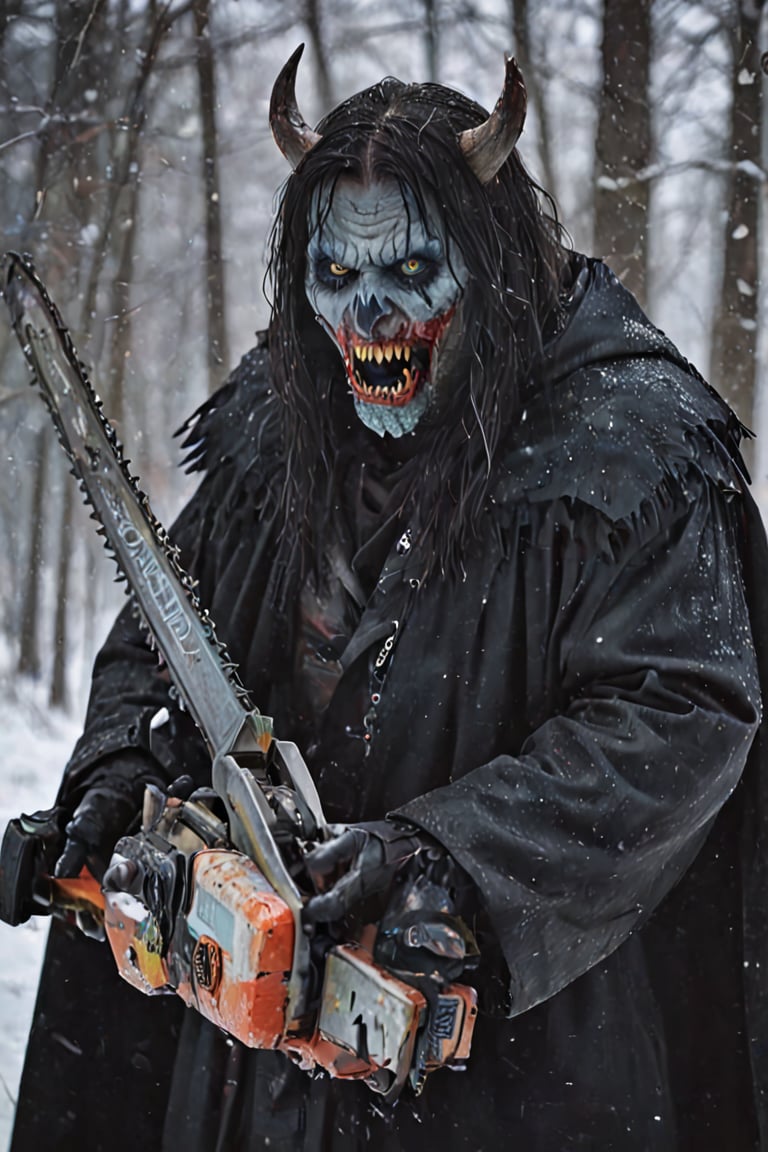 {Demon, terror, blue eyes, holding a chainsaw, eerie, weird, rough skin, bloodthirsty mouth, sharp teeth, long fangs, gnawing on life, enormous size, long nails, black cloak, mysterious, Eerie and terrifying atmosphere, snowy weather, in the snowfield}