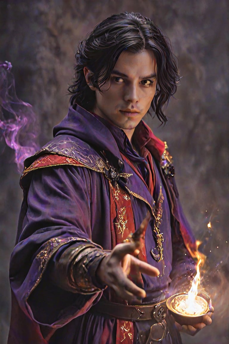 a human man who is an wizard, in the style of dnd characters, purple red and gold, black hair, young and powerful, fantasy photography, meticulous detail, magic casting wizard, mage, <lora:MJ52:0.3>