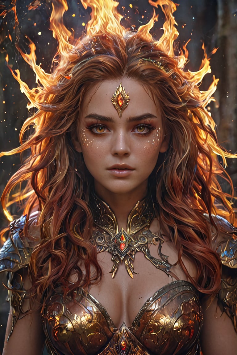 (Legendary fire goddess:1.3), Portrayed in a head and shoulders portrait, featuring huge flaming hair engulfed in smoke, embers, and sparks. Finely detailed, with intricately drawn eyes and dynamic lighting, rendered in 8K resolution, splash art piece, Artstation style.