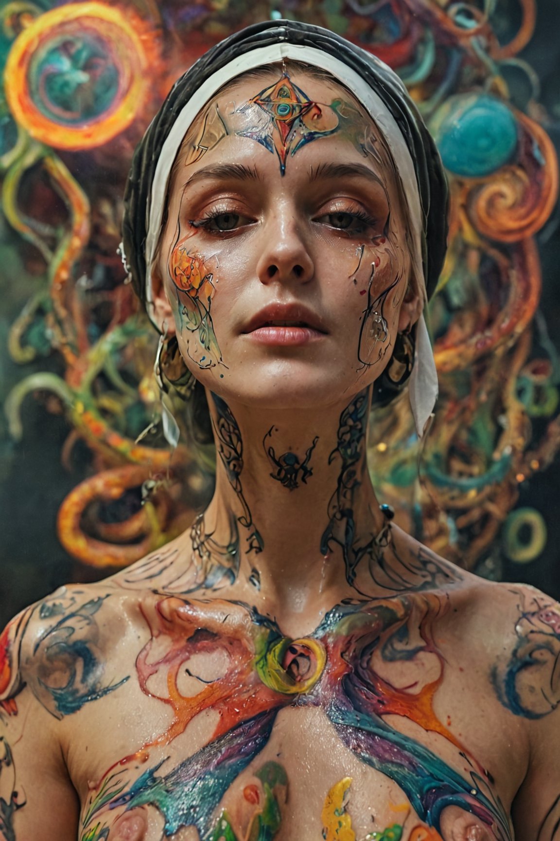Aunt, (melting skin) , sacred geometry, surreal futurism, Shamanic Tattoos, ((psychedelic colors) ), chaos, nun, Slithering Slime, 16k, UHD, HDR, (Masterpiece:1.5) , (best quality:1.5), <lora:MJ52:0.3>