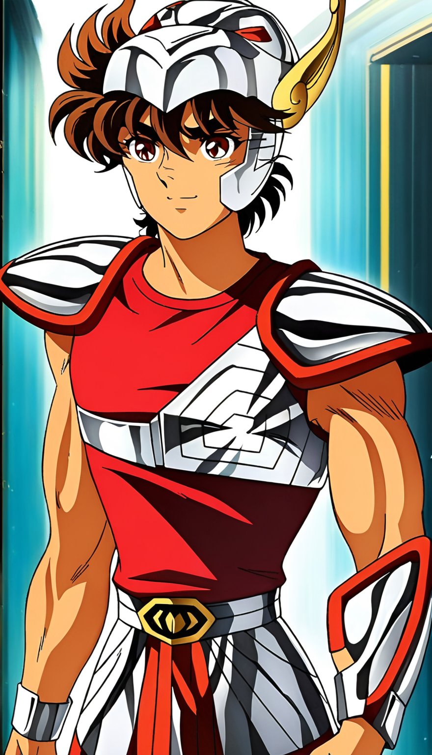 1boy, Seiya Pegasus, solo, face, smile, closed mouth, male focus, portrait, perfect, perfect brown hair, perfect brown eyes, perfect brown eyebrows, anime, perfect lines, perfect color, details, Design by Masami Kurumada, perfect hands, armor, helmet, shoulder pads, belt, red shirt, temple_of_athena_greece_background



Full length view, Perfect Anatomy, Perfect proportions, Strong brightness on the face, Facial details, intricate details, vibrant colors, perfect feet, highly detailed skin, textured skin, defined body features, detailed shadows, narrow waist, aesthetic,



PNG image format, sharp lines and borders, solid blocks of colors, over 300ppp dots per inch, 32k ultra high definition, 530MP, Fujifilm XT3, cinematographic, (anime:1.9), High definition RAW color professional photos, photo, masterpiece, ProRAW, high contrast, digital art trending on Artstation ultra high definition detailed, detailed, skin texture, hyper detailed, facial features, armature, best quality, ultra high res, high resolution, detailed, raw photo, sharp re, lens rich colors hyper realistic lifelike texture dramatic lighting unrealengine trending, ultra sharp, pictorial technique, (sharpness, definition and photographic precision), (contrast, depth and harmonious light details), (features, proportions, colors and textures at their highest degree of realism), (blur background, clean and uncluttered visual aesthetics, sense of depth and dimension, professional and polished look of the image), work of beauty and complexity. perfectly symmetrical body. (aesthetic + beautiful + harmonic:1.5), (ultra detailed face, ultra detailed perfect eyes, ultra detailed mouth, ultra detailed body, ultra detailed perfect hands, ultra detailed clothes, ultra detailed background, ultra detailed scenery:1.5),

,Seiya Pegasus