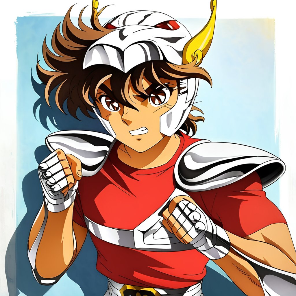 1boy, Seiya Pegasus, solo, faceburst of light background, clenched hands, front punching pose, clenched teeth, angry, male focus, portrait, perfect, perfect brown hair, perfect brown eyes, perfect brown eyebrows, anime, perfect lines, perfect color, details, Design by Masami Kurumada, perfect hands, armor, helmet, shoulder pads, belt, red shirt, 



Full length view, Perfect Anatomy, Perfect proportions, Strong brightness on the face, Facial details, intricate details, vibrant colors, perfect feet, highly detailed skin, textured skin, defined body features, detailed shadows, narrow waist, aesthetic,



PNG image format, sharp lines and borders, solid blocks of colors, over 300ppp dots per inch, 32k ultra high definition, 530MP, Fujifilm XT3, cinematographic, (anime:1.9), High definition RAW color professional photos, photo, masterpiece, ProRAW, high contrast, digital art trending on Artstation ultra high definition detailed, detailed, skin texture, hyper detailed, facial features, armature, best quality, ultra high res, high resolution, detailed, raw photo, sharp re, lens rich colors hyper realistic lifelike texture dramatic lighting unrealengine trending, ultra sharp, pictorial technique, (sharpness, definition and photographic precision), (contrast, depth and harmonious light details), (features, proportions, colors and textures at their highest degree of realism), (blur background, clean and uncluttered visual aesthetics, sense of depth and dimension, professional and polished look of the image), work of beauty and complexity. perfectly symmetrical body. (aesthetic + beautiful + harmonic:1.5), (ultra detailed face, ultra detailed perfect eyes, ultra detailed mouth, ultra detailed body, ultra detailed perfect hands, ultra detailed clothes, ultra detailed background, ultra detailed scenery:1.5),

,Seiya Pegasus
