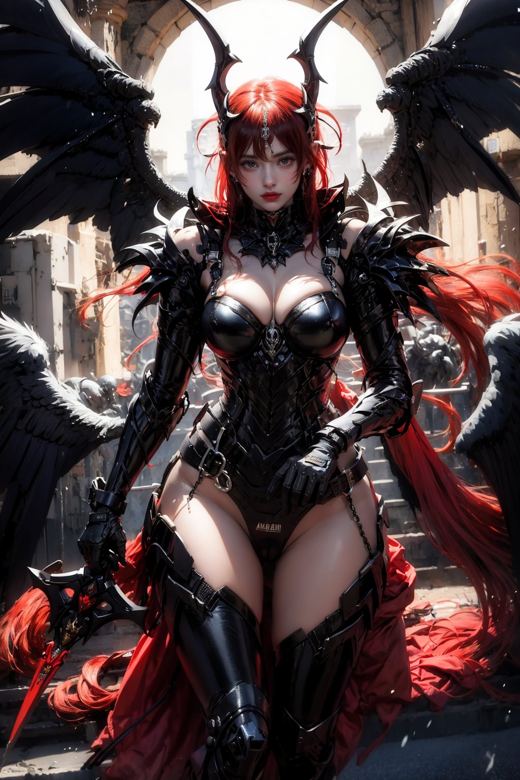 EpicS, full red arnor, wings, 1girl, holding weapon