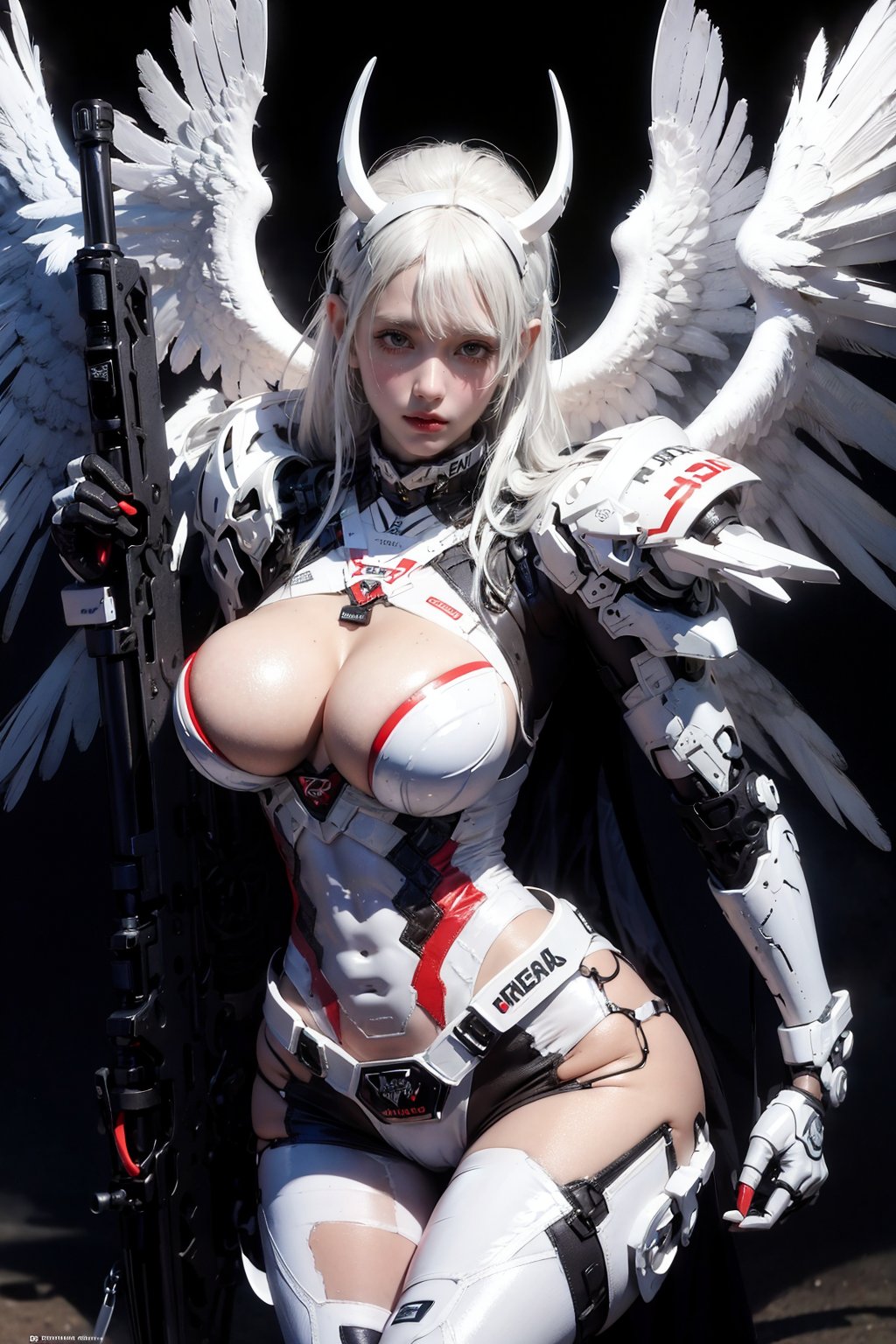 EpicS, white armor, 1girl, solo, huge breasts, angel wings, white hair, holding gun
