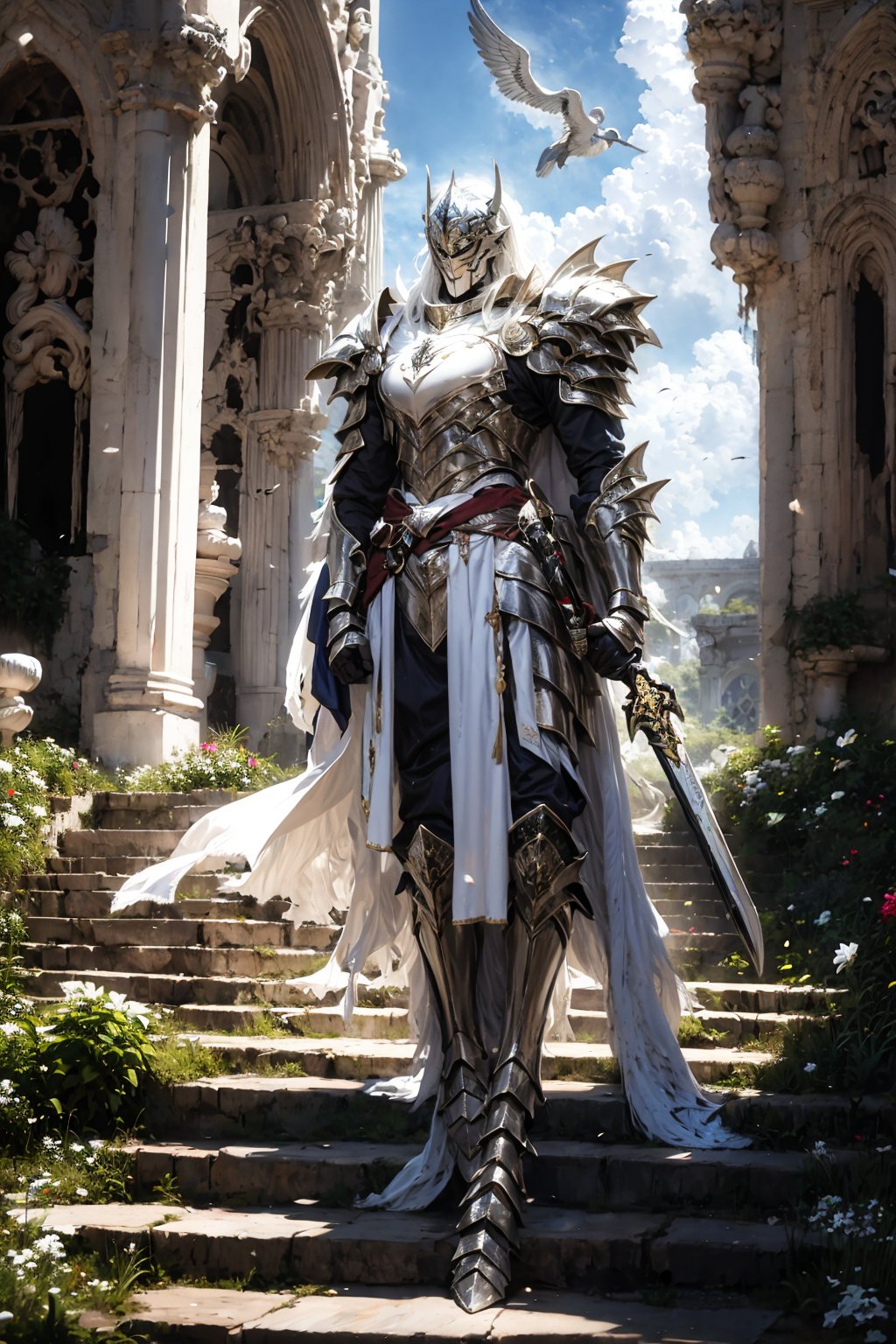 EpicS, weapon, armor, helmet, sword, gauntlets, full armor, holding, holding weapon, holding sword, shoulder armor, knight, stairs, solo, standing, flower, pauldrons, outdoors, greaves, cape, 1other, torn clothes, breastplate, white flower, planted, full body, day, planted sword, 1boy, helm, armored boots, boots, ambiguous gender, long hair, torn cape, faulds, sky, cloud, pillar, plate armor, arch, male focus
