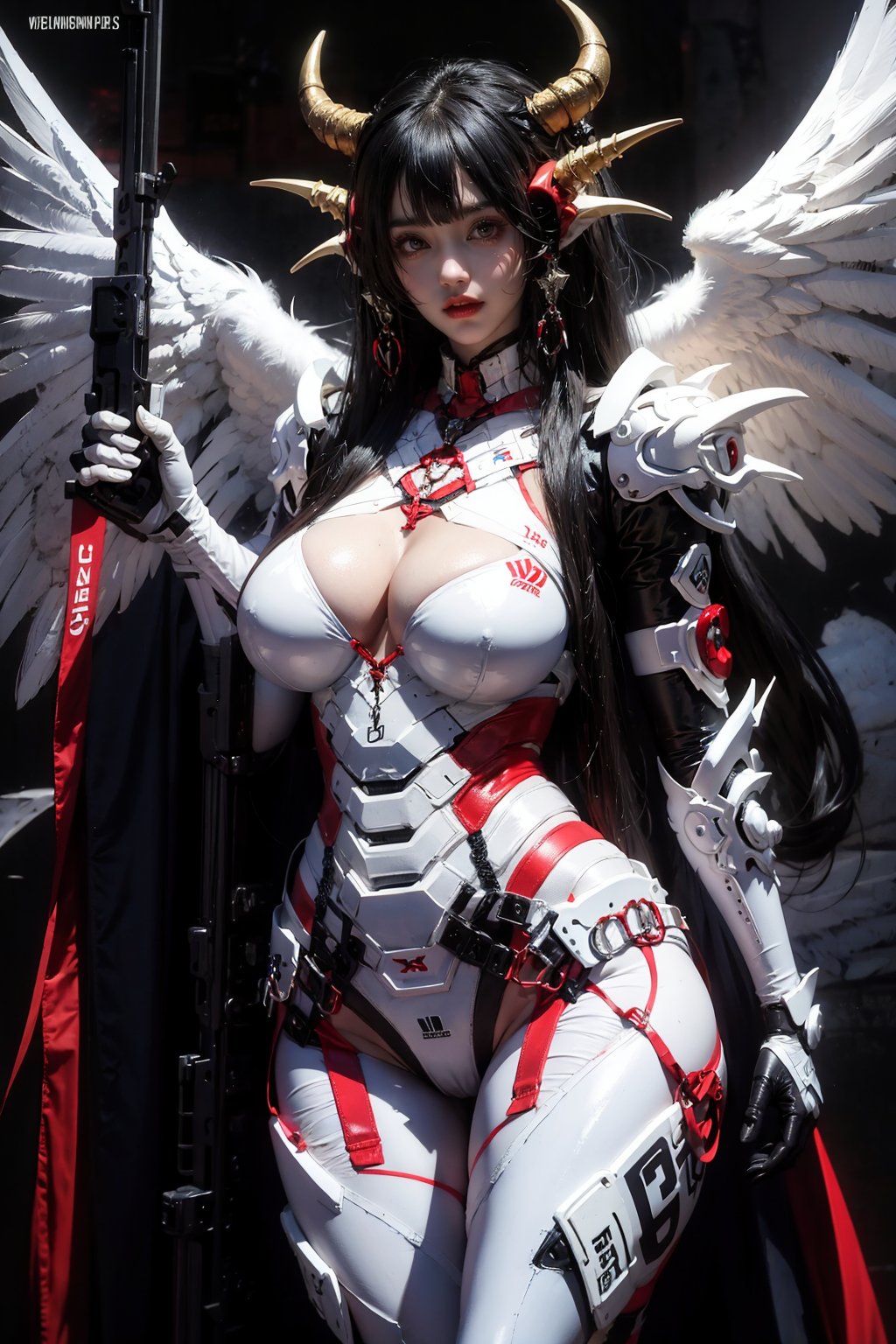 EpicS, white armor, 1girl, solo, huge breasts, angel wings, demon horns, holding gun