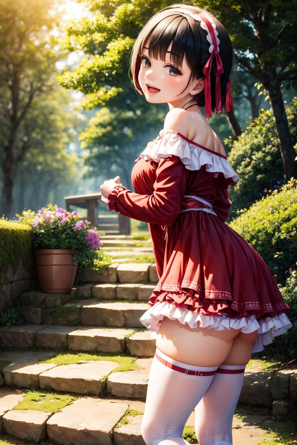 1girl, solo, looking at viewer, smile, open mouth, bangs, hair ornament, thighhighs, long sleeves, dress, ribbon, bare shoulders, standing, hair ribbon, cowboy shot, hairband, outdoors, frills, parted lips, day, off shoulder, from side, white thighhighs, tree, red dress, frilled dress, plant, nature, forest, stairs, off-shoulder dress