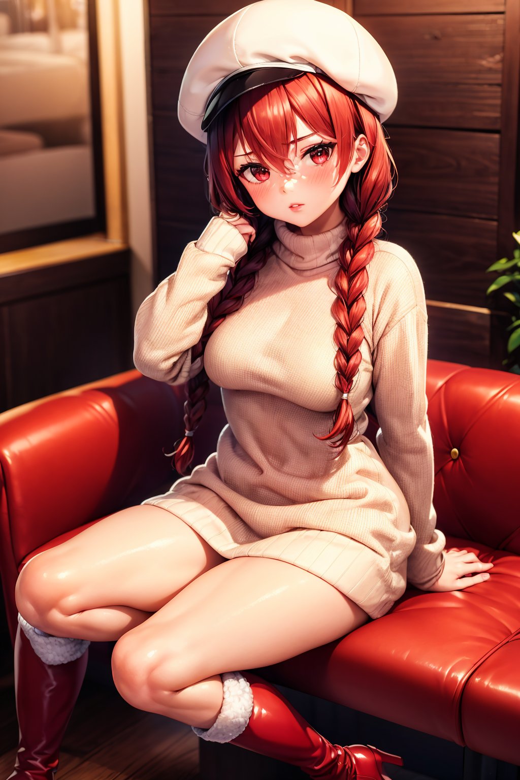 1girl, solo, long hair, breasts, looking at viewer, blush, bangs, red eyes, long sleeves, hat, dress, hair between eyes, medium breasts, sitting, braid, thighs, red hair, boots, parted lips, shiny, indoors, twin braids, sweater, fur trim, knee boots, red footwear, white sweater, sweater dress