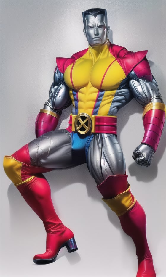 1boy, solo, male, black hair, colossus red boots, colossus belt, realistic colossus x-men, muscular, ((colored metal skin)), ((uniform colossus x-men red and yellow)), (((no face texture human skin))), ((body steel metal skin)), masterpiece, HD high quality, 8K ultra high definition, ultra definition,