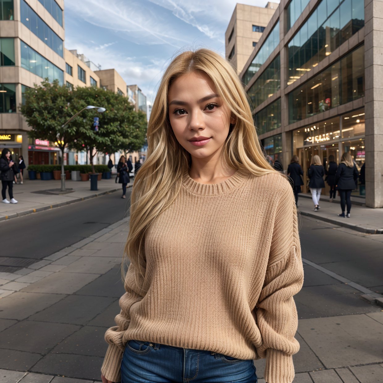 Portrait of a model woman with blond hair in a warm designer sweater, in the style of branded clothing, With the sweater in full view, Panasonic GH5, happy expressions, low key image, sharp texture - Image #2 @SlengSleng, CITY BACKGROUND