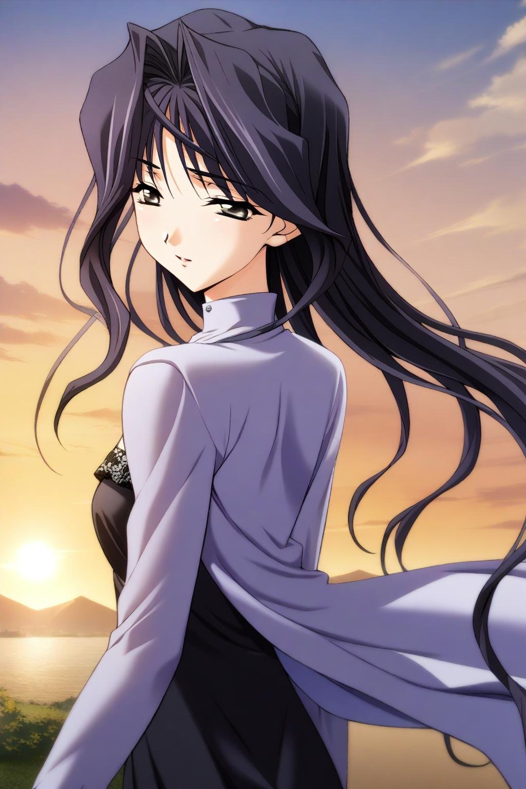 1girl,Amamiya Mizuho,lace trimmed dress,long-sleeved cape,masterpiece,best quality,solo,very aesthetic,absurdres,game cg,(detailed beautiful eyes:1.2),(beautiful face:1.2),<lora:AmamiyaMizuhoXL:1>,sunset,wind,looking back,from side,
