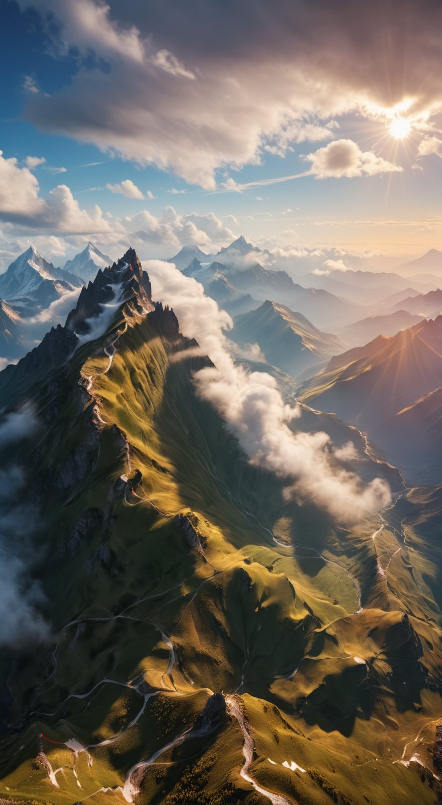 Breathtaking landscape of beautiful mountain with clouds around the mountain in a spiral shape, beautiful sunlight,pleasant atmosphere, amazing details, unreal engine 5, ultra HD, 8k, intricate, masterpiece