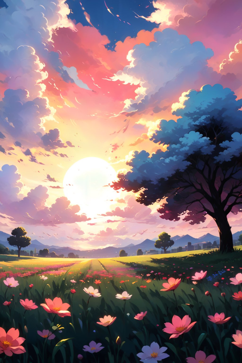 flower, outdoors, sky, cloud, tree, petals, no humans, grass, scenery, sunset, sun, field, gradient sky,Pixel art, high brightness and hyper coloured