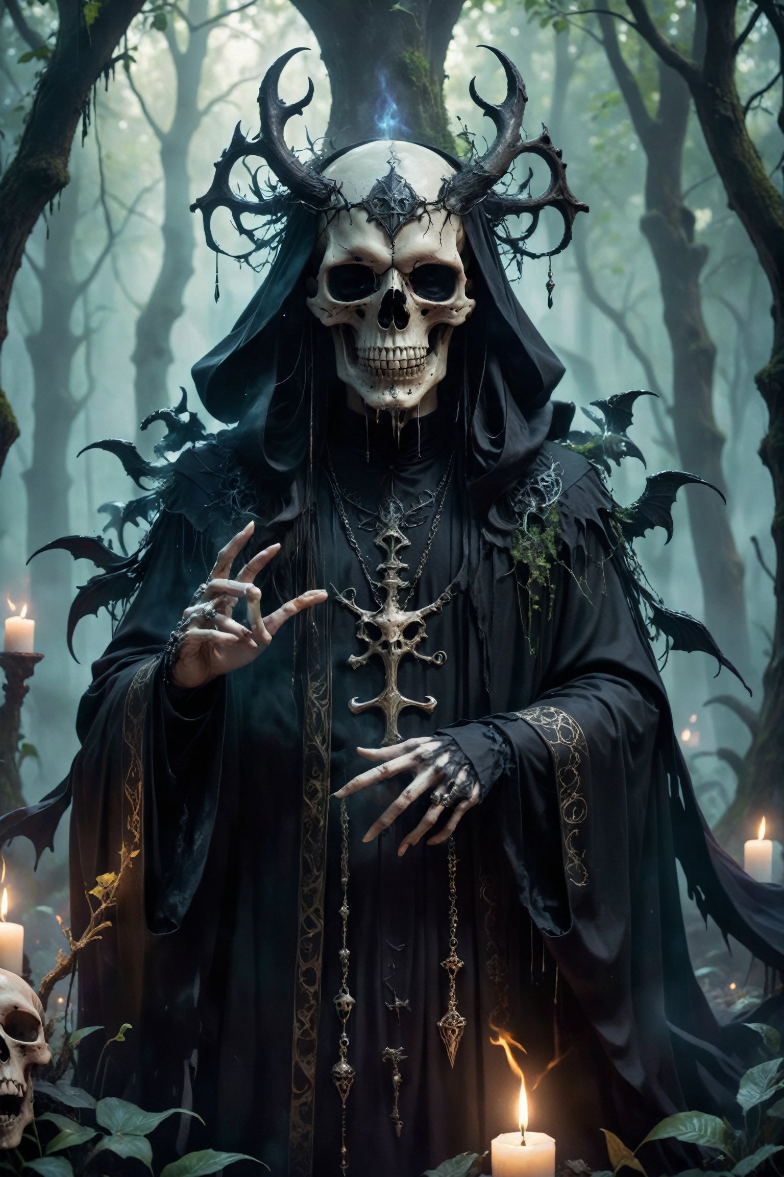 A Gothic fashion-inspired cult priest,skull Head Demon,
 with a horror twist exudes an aura of dark elegance and sinister mystique. Cloaked in flowing robes adorned with occult symbols, his attire hints at forbidden rituals and arcane knowledge With pale,skll,Magic Forest