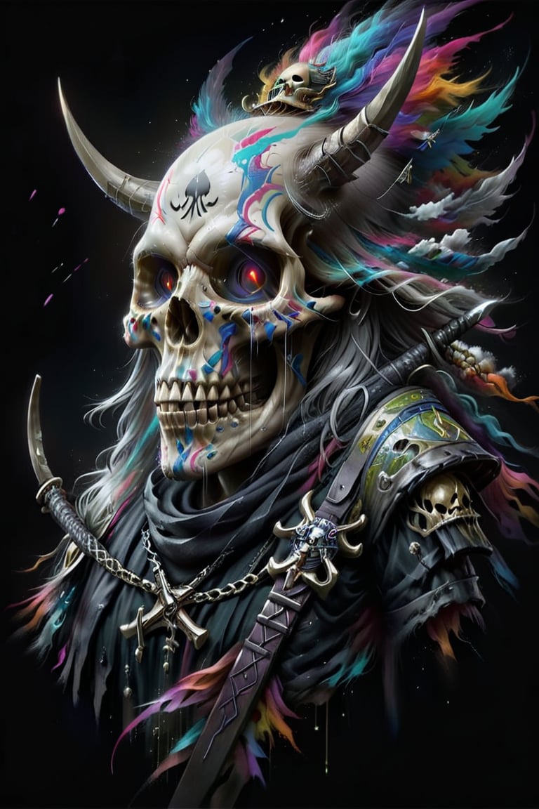 A captivating and conceptual artwork of a skull adorned with two swords, set against a black backdrop. The creation is attributed to the artist Ay-O and showcases his auto-destructive art style. The skull is reminiscent of a pirate flag, with elements of a pirate logo and a pirate theme. The piece is a striking blend of painting, portrait photography, and 3D render, with a cinematic flair. The vibrant colors and intricate details evoke a dark fantasy atmosphere, merging elements of anime, wildlife photography, graffiti, architecture, and fashion. The result is a striking visual experience that transcends traditional art genres and mediums., product, cinematic, graffiti, vibrant, conceptual art, fashion, illustration, wildlife photography, portrait photography, ukiyo-e, 3d render, dark fantasy, photo, painting, poster, anime, architecture