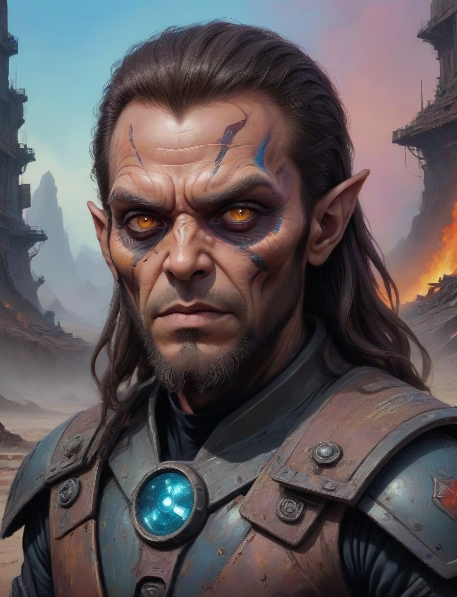 head and shoulders portrait, A post-apocalyptic alien Klingon wearing a patched-together outfit in dystopian style, rusted gigantic wreck alien spaceship in a wasteland strange planet, eldritch, glowing eyes,  drawn in a vibrant and colorful fantasy oil painting style , realistic fantasy artwork, dark fantasy background, Greg Rutkowski, Magali Villeneuve, leather, dungeons & dragons, comic book,potma style