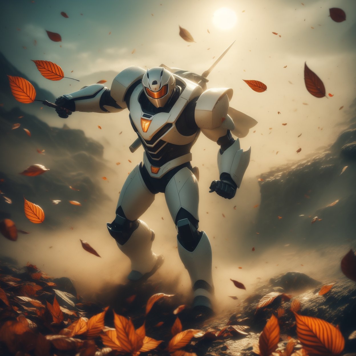realistic image, vintage style picture, full body, 1man, dinamic_pose, intricate cyber mecha ninja steel armour, white mecha armor, masked, mecha suit, holding a sword, fighting stance pose, autumn leaf drop to the ground, seround by mist, gritty, dusty, fantastical, photohyperrealistic, highly detailed, hyper realistic, with dramatic polarizing filter, sharp focus, HDR, UHD, 64K, 16mm, color graded portra 400 film, remarkable color, ultra realistic,,ABMautumnleaf