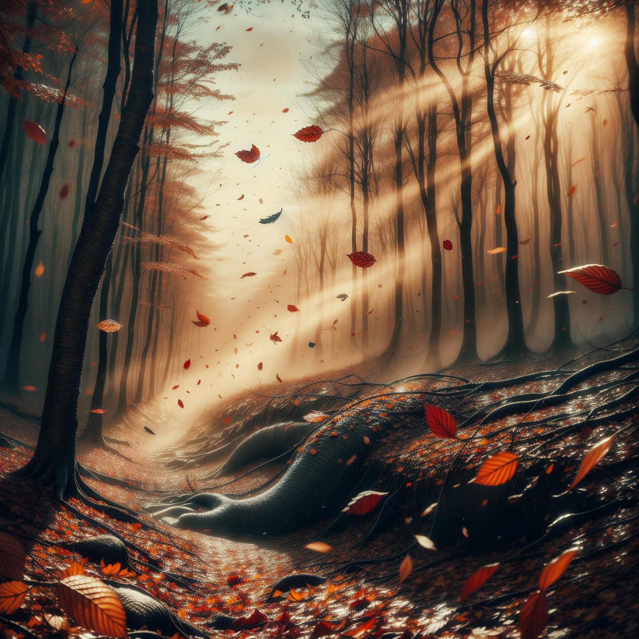 realistic image, vintage style picture, full body, 1man, dinamic_pose, handsome guy walking in forest, autumn leaf drop to the ground, seround by mist, gritty, dusty, fantastical, photohyperrealistic, highly detailed, hyper realistic, with dramatic polarizing filter, sharp focus, HDR, UHD, 64K, 16mm, color graded portra 400 film, remarkable color, ultra realistic,,ABMautumnleaf,Extremely Realistic