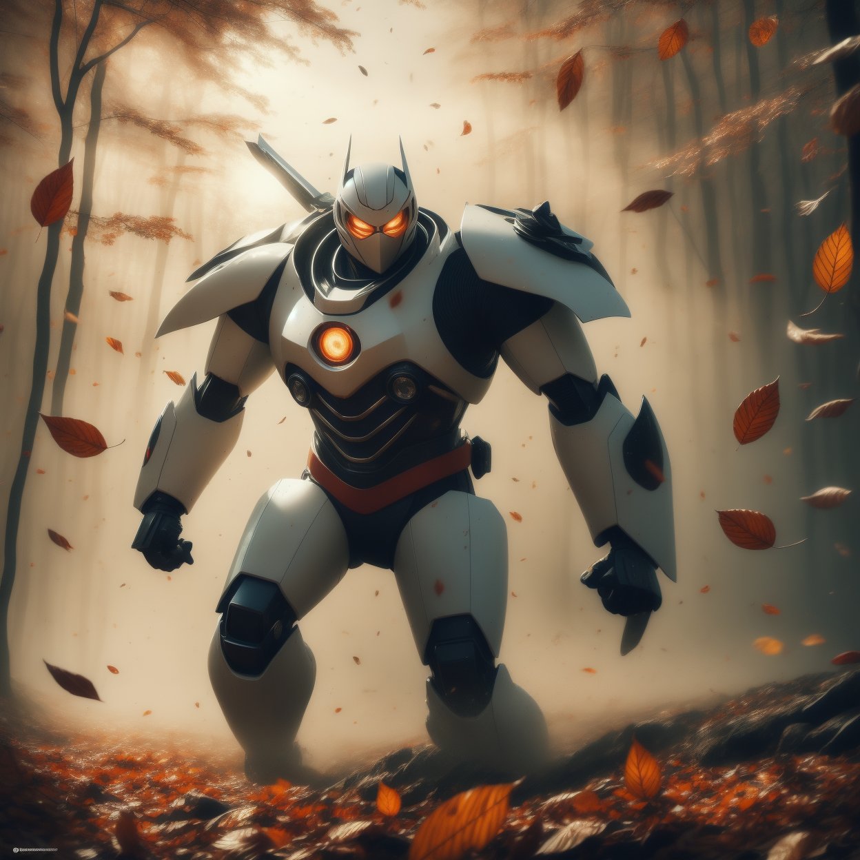 realistic image, vintage style picture, full body, 1man, dinamic_pose, intricate cyber mecha ninja steel armour, white mecha armor, masked, mecha suit, holding a sword, fighting stance pose, autumn leaf drop to the ground, seround by mist, gritty, dusty, fantastical, photohyperrealistic, highly detailed, hyper realistic, with dramatic polarizing filter, sharp focus, HDR, UHD, 64K, 16mm, color graded portra 400 film, remarkable color, ultra realistic,,ABMautumnleaf