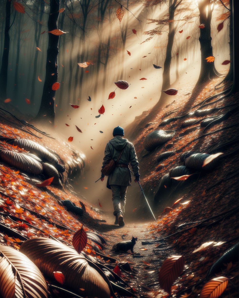 realistic image, vintage style picture, half_body, 1man, dinamic_pose, black ninja walking in forest, autumn leaf drop to the ground, seround by mist, gritty, dusty, fantastical, photohyperrealistic, highly detailed, hyper realistic, with dramatic polarizing filter, sharp focus, HDR, UHD, 64K, 16mm, color graded portra 400 film, remarkable color, ultra realistic,,ABMautumnleaf,Extremely Realistic