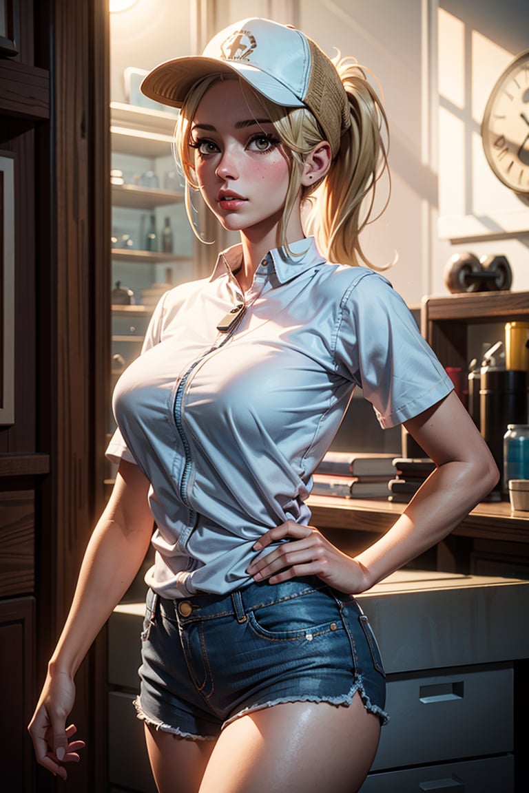8k,HQ,best quality:1.5, hyperrealistic:1.5, photorealistic:1.4, madly detailed CG unity 8k wallpaper:1.5, masterpiece:1.3, madly detailed photo:1.2, hyper-realistic lifelike texture:1.4,realistic eyes:1.2, picture-perfect face, blush
, flawless clean, masterpiece, professional artwork,(perfect female body, thicc, hips),best quality, 8K, photorealistic, ultra-detailed), (dramatic lighting:1.3)1girl, solo, blonde hair, hat, lips, brown eyes, ponytail, whistle, visor cap, shorts, cowboy shot,xSunStrider,SUNSTRIDER, 1GIRL, SOLO, BLONDE HAIR, HAT, LIPS, BROWN EYES, PONYTAIL, WHISTLE, VISOR CAP, SHORTS,