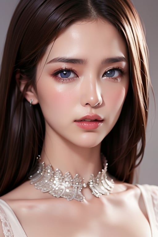 1girl
solo
brown hair
closed mouth
grey background
collar
lips
realistic ,beauty,yui,masterpiece,best quality,lily,mei
