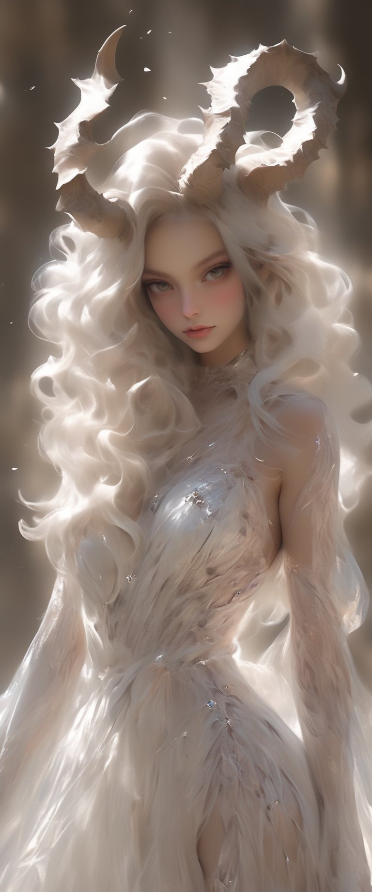 ultra Realistic,1 girl, demon girl,(long intricate horns:1.2), Beautiful Blue eyes, cowboy shot, framed by flowing pure white hair, luminous transparent dress delicately wraps her figure, shiny bodysuit, complementing pure white floral dress, curvy body line,curvy body line,aw0k,dfdd,2d_animated,Utra,Crystal game props,Flower queen,ct-niji2,ct-niji3,sooyaaa
