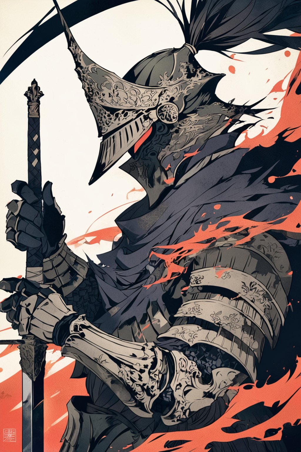 kabuki, knight, weapon, holding, armor, helmet, holding weapon, sword, solo, gauntlets, holding sword, male focus, 1boy, full armor, upper body, simple background, torn clothes, shoulder armor, cape, from side, pauldrons, white background, plume, breastplate, masterpiece, best quality, aesthetic, ukiyo-e background,